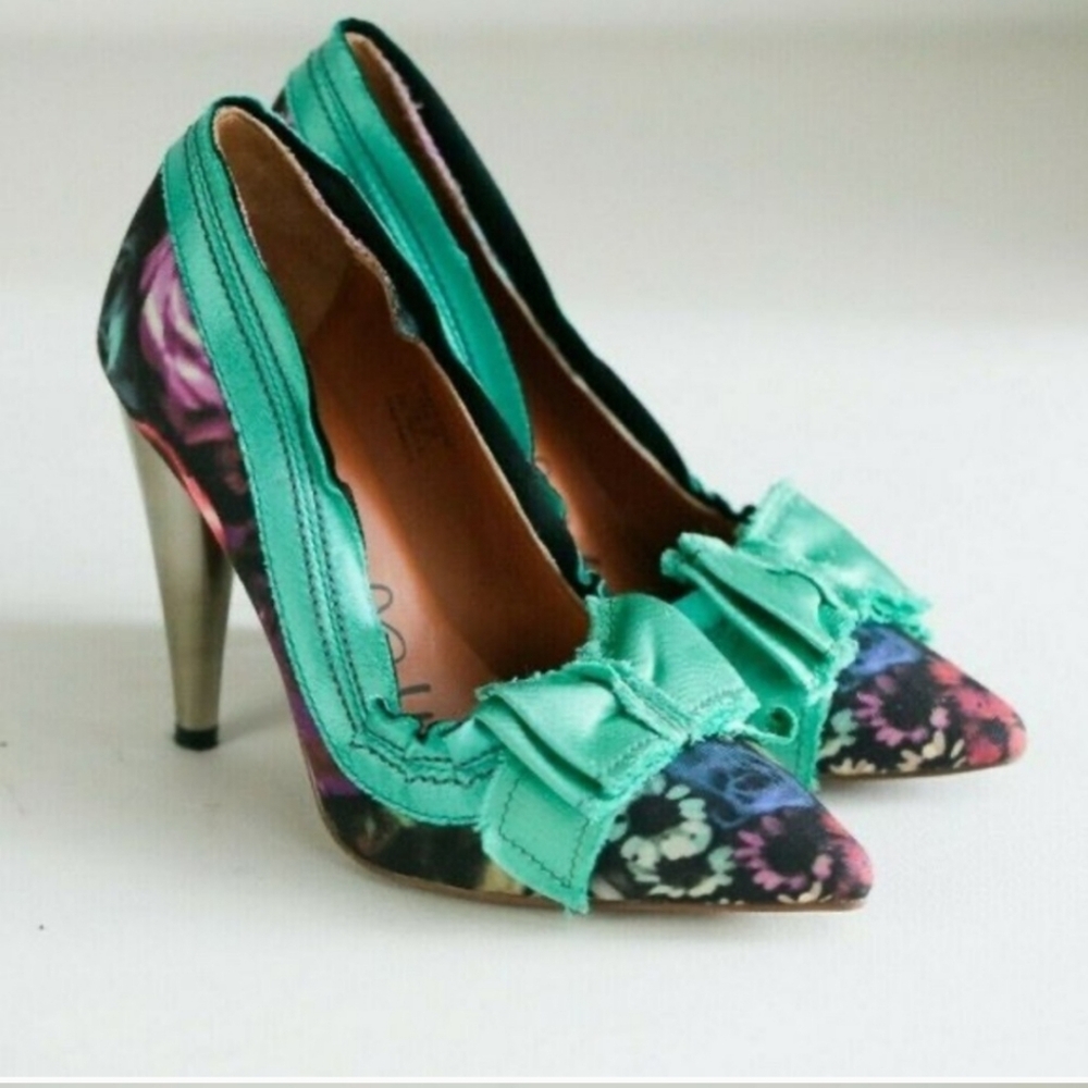 Lanvin for H & M Teal Bow Floral Heels